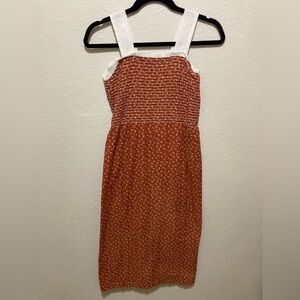 Vintage Handmade Smocked Rust Orange Floral Dress With Lace Straps Estimated XXS